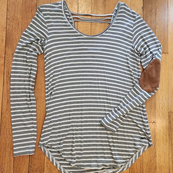 X-Small Kavu Striped Long Sleeve Top Elbow Patch Details Long Black and White - Picture 1 of 8
